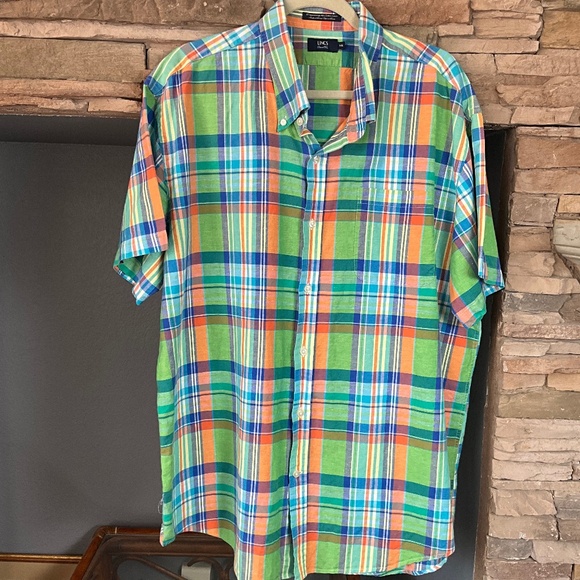 LINCS Madras Plaid Linen Summer SS Shirt Cool Cotton Casual Comfort Green XXL - Picture 1 of 10